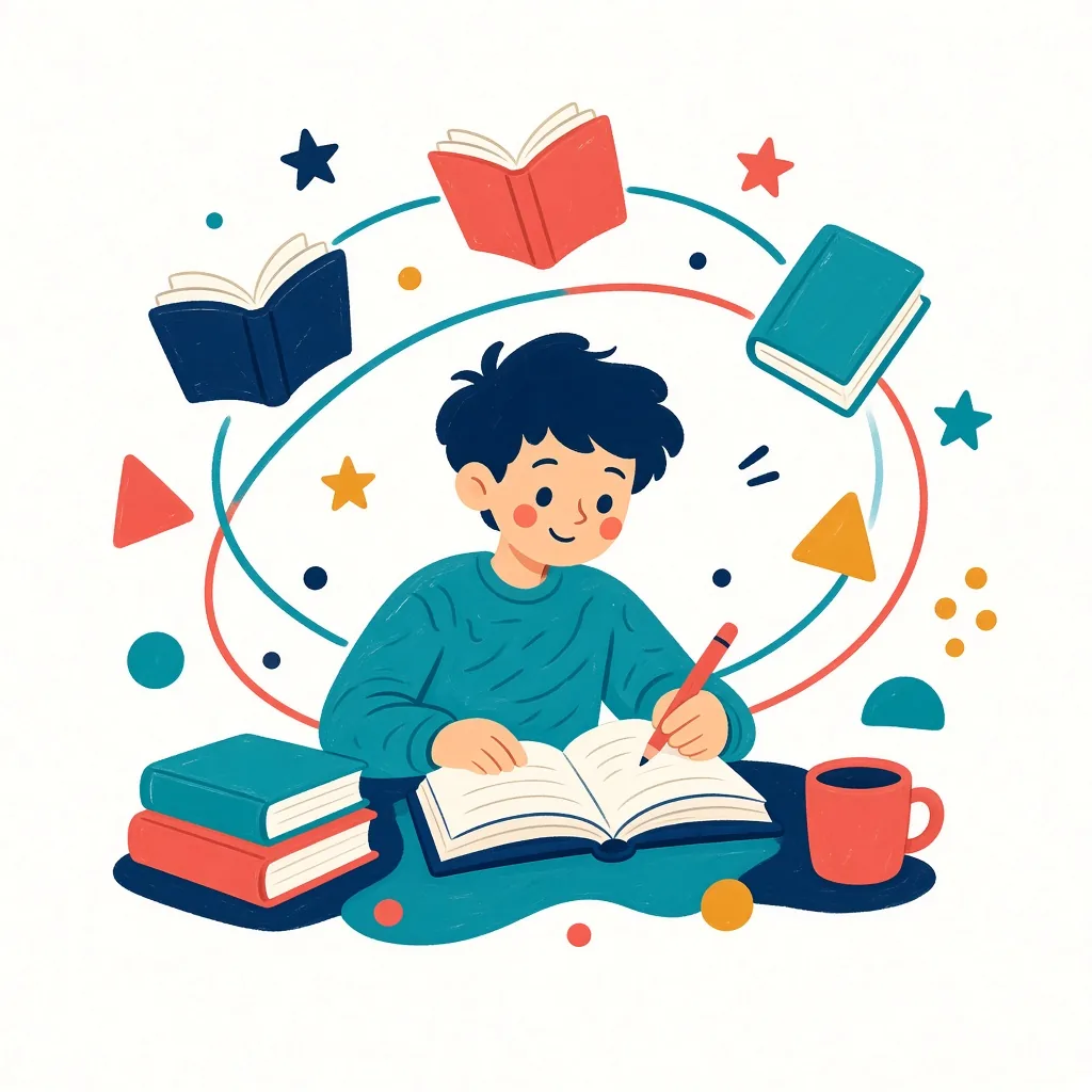 Hand-drawn learning illustration with books and orbit rings